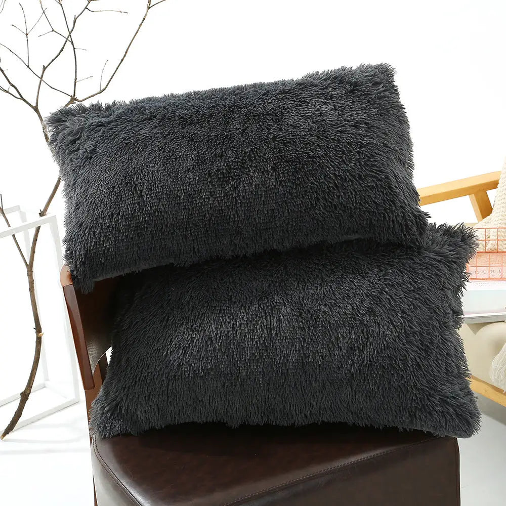 Dark Grey Faux Fur Pillowcase Set - Crystal Velvet Plush Throw Pillow Covers Bedding Accent (50x70cm Pair) - Home &