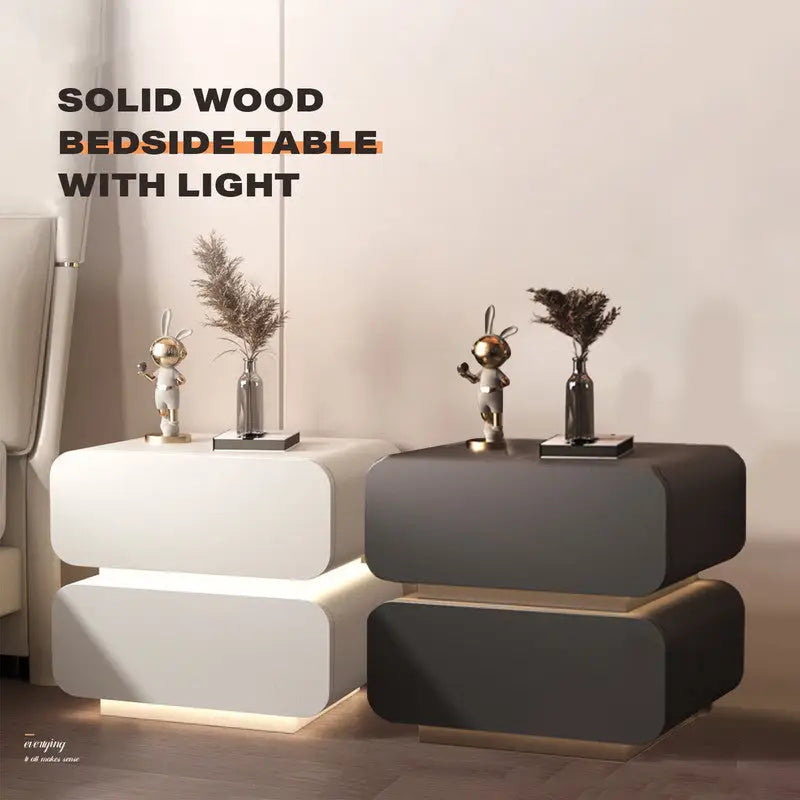 Dark Grey Solid Wood Bedside Table Side Table 2 Drawer Intelligent Induction Light Nightstand Cabinet - Furniture >