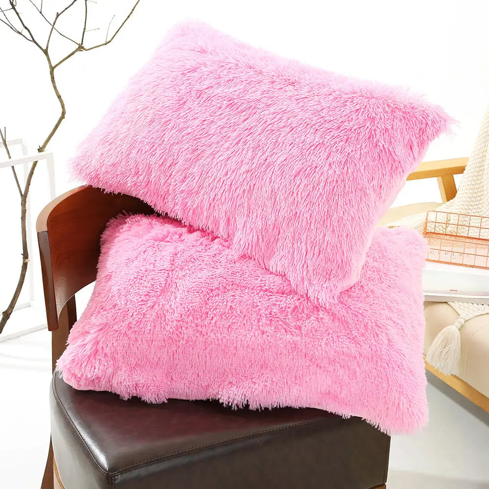 Dark Pink Faux Fur Pillowcase Set - Crystal Velvet Plush Throw Pillow Covers Bedding Accent (50x70cm Pair) - Home &