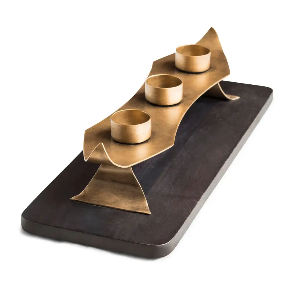 Decorative Black Gold Tea Light Metal Candle Holder Stand with Wooden Base - Home & Garden > Decor
