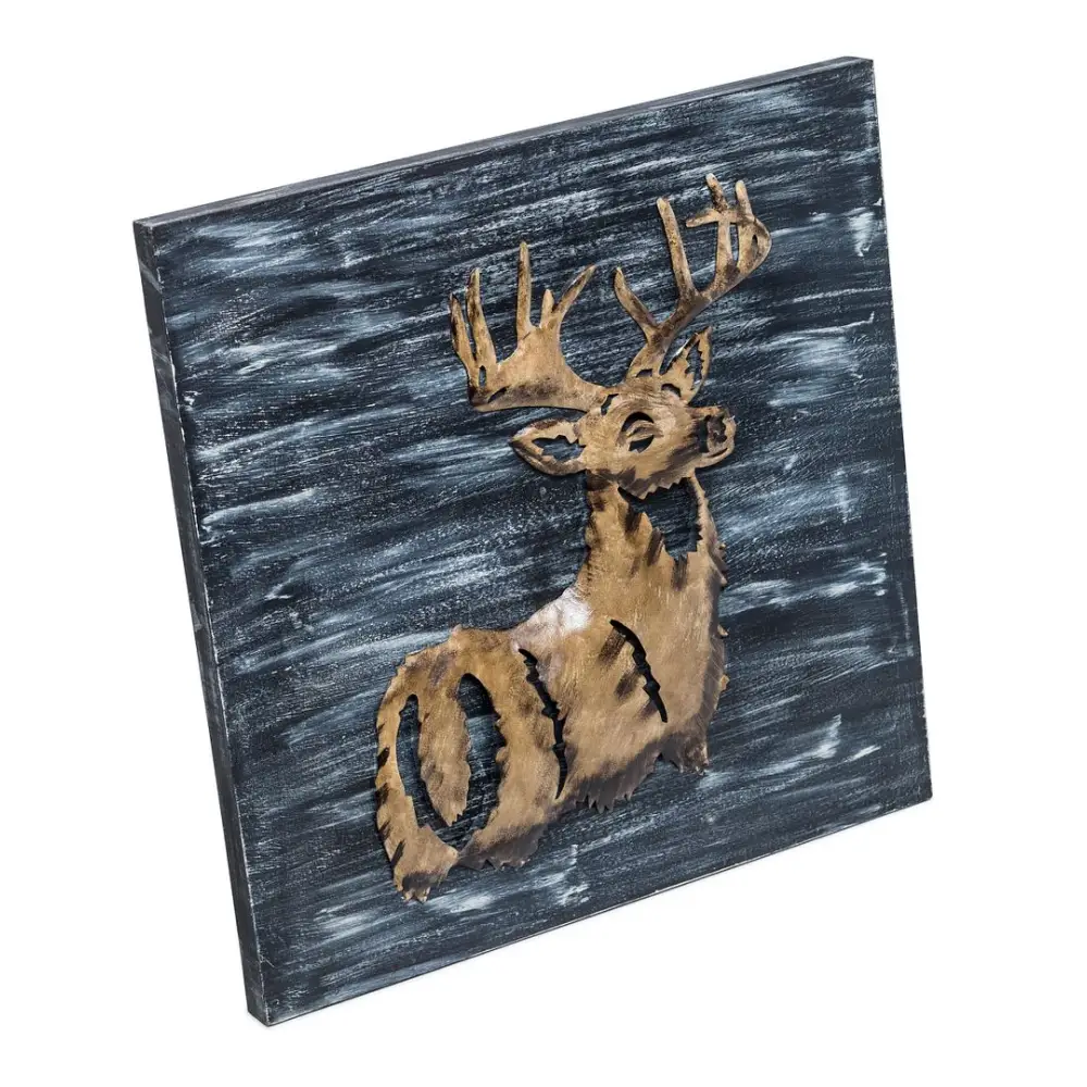 Decorative Deer 3D Wood Metal Wall Art Decor in Blue and Rusty Gold - Home & Garden > Wall Art