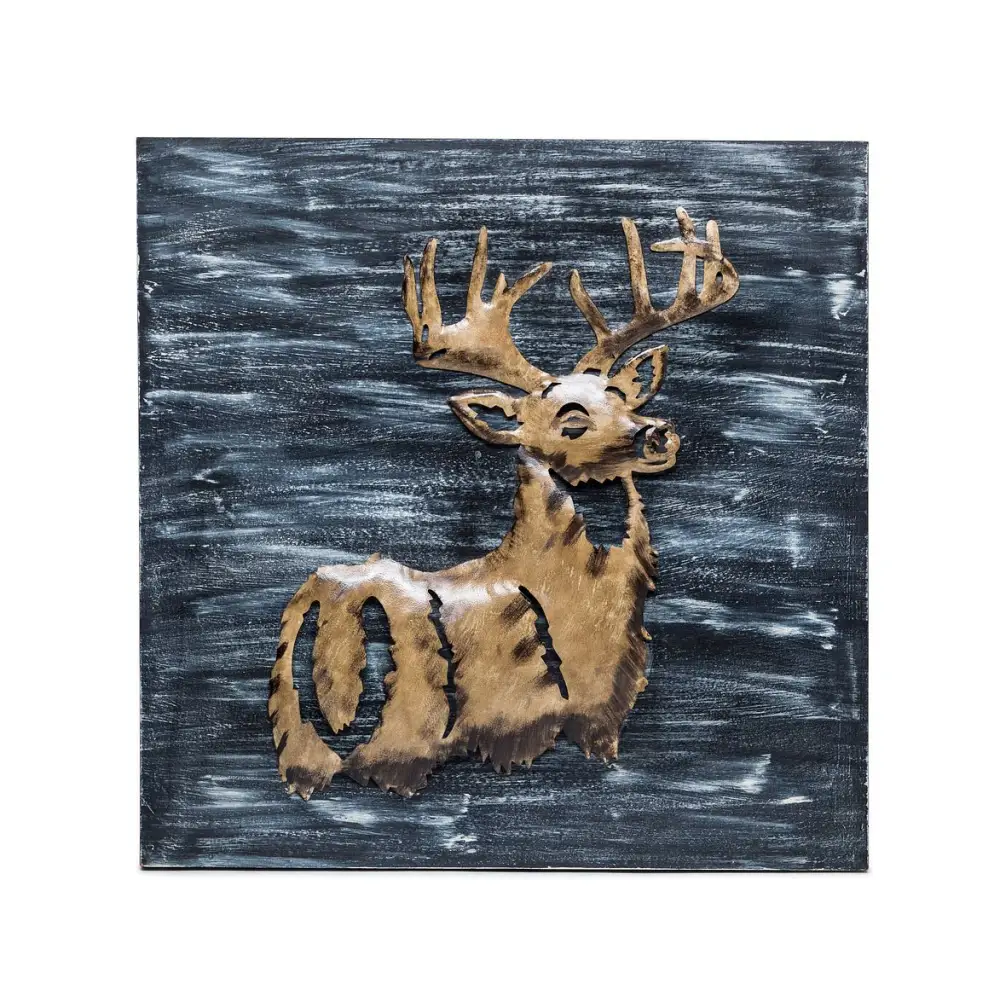 Decorative Deer 3D Wood Metal Wall Art Decor in Blue and Rusty Gold - Home & Garden > Wall Art