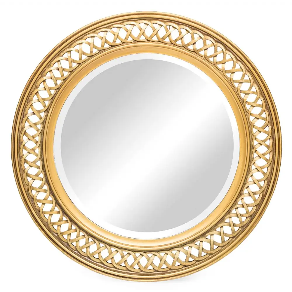 Decorative Wooden Round Wall Mirror in Rustic Gold Finish - Furniture > Living Room
