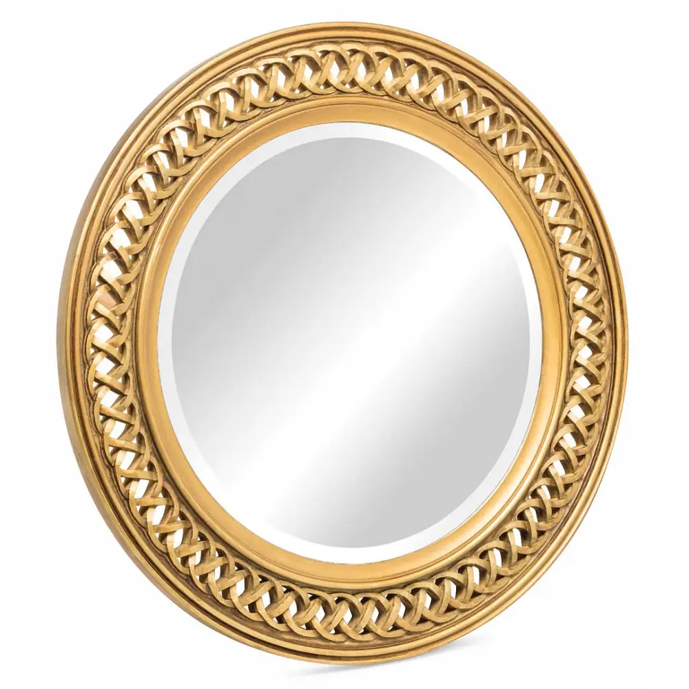 Decorative Wooden Round Wall Mirror in Rustic Gold Finish - Furniture > Living Room