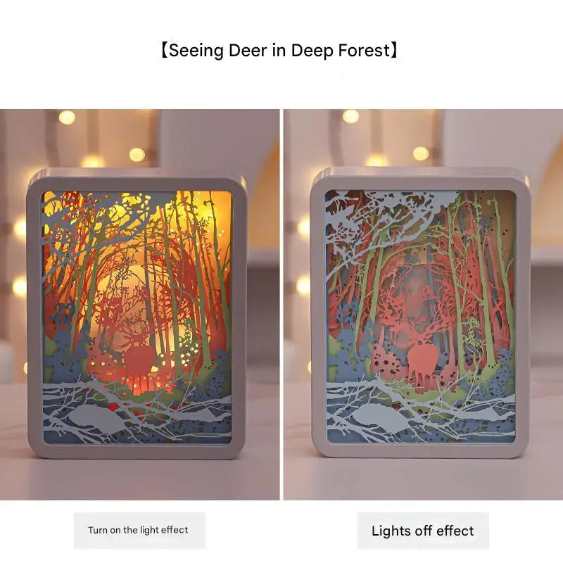 Deer in the Deep Forest 3D Paper Carving Night Light - USB Or Battery Powered Decorative Bedside Lamp | Atmosphere Lamp