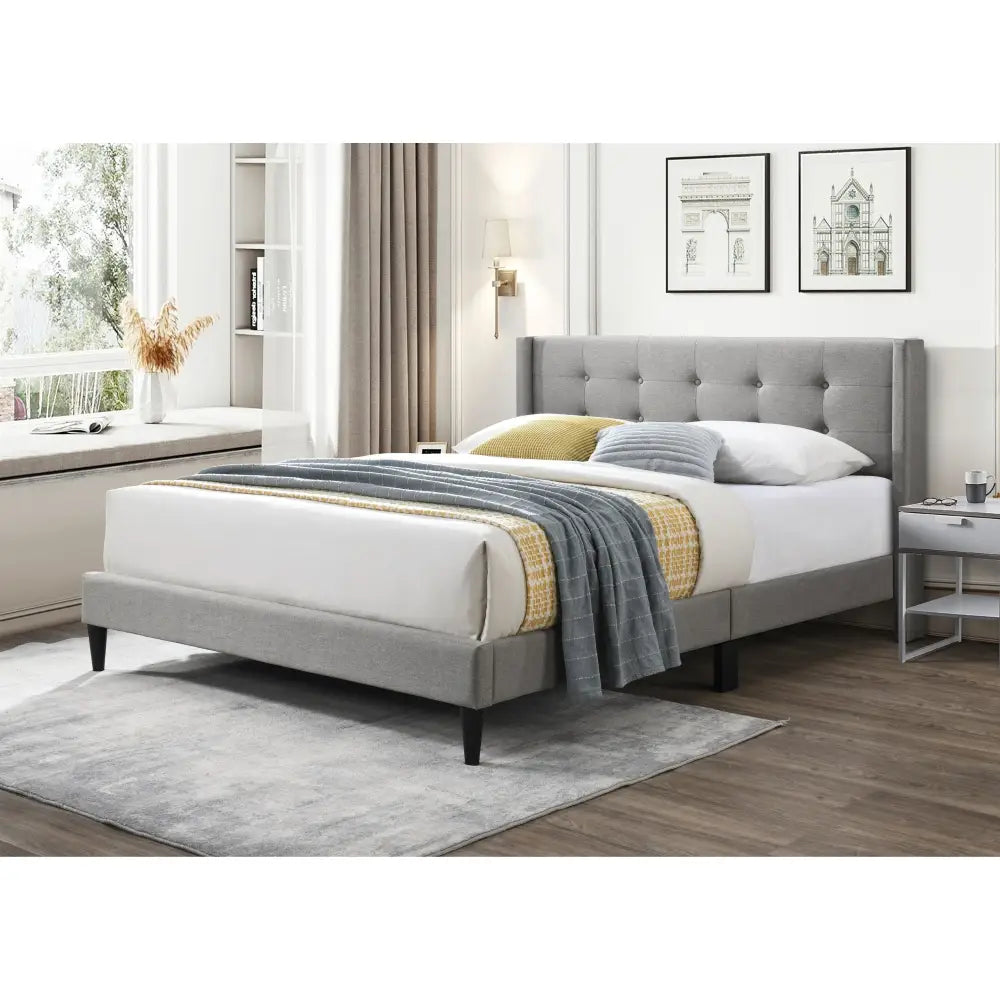 Delilah Queen Bed Tufted Button Headboard Fabric Upholstered - Light Grey - Furniture > Bedroom