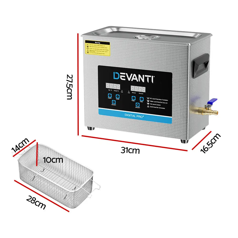 Devanti 6.5L Ultrasonic Cleaner Heater Cleaning Machine Timer Industrial 180W - Appliances > Appliances Others