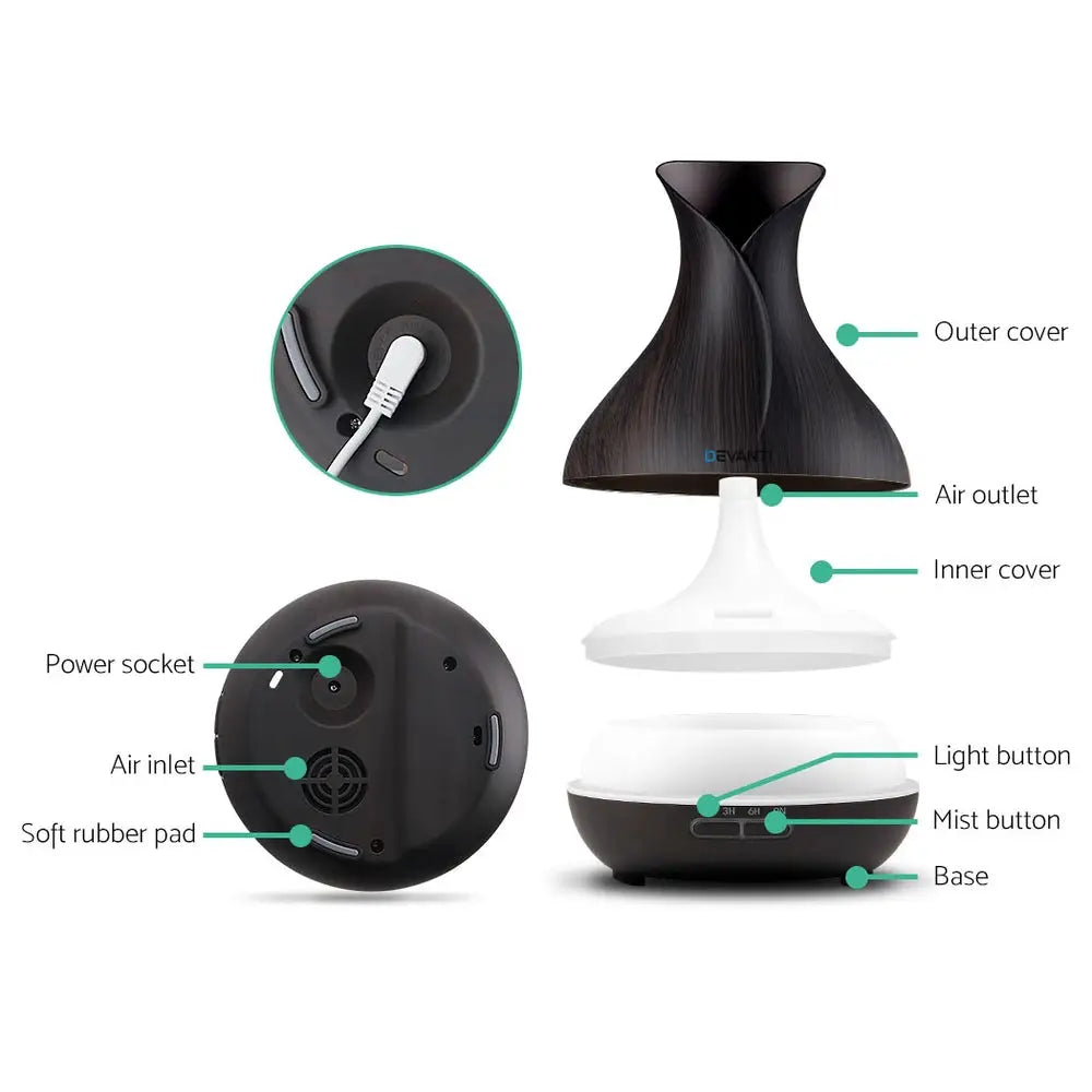 Devanti Aroma Diffuser Aromatherapy Dark Wood 400ml - Appliances > Aroma Diffusers & Humidifiers