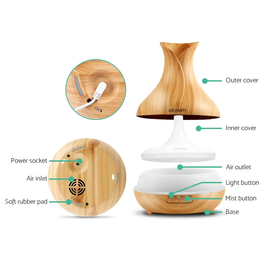 Devanti Aroma Diffuser Aromatherapy Light Wood 400ml - Appliances > Aroma Diffusers & Humidifiers