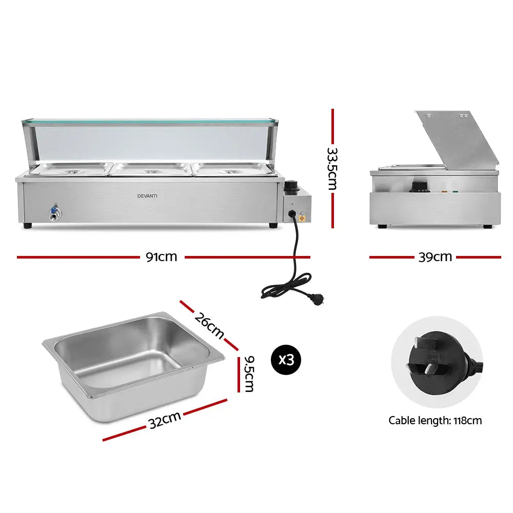 Devanti Commercial Food Warmer Bain Marie 3 Electric Buffet Pans - Appliances > Kitchen Appliances > Food Warmers &