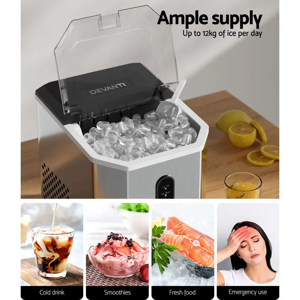 Devanti Portable Ice Maker Machine Ice Cube 12kg Bar Countertop Stainless Steel - Appliances > Kitchen Appliances