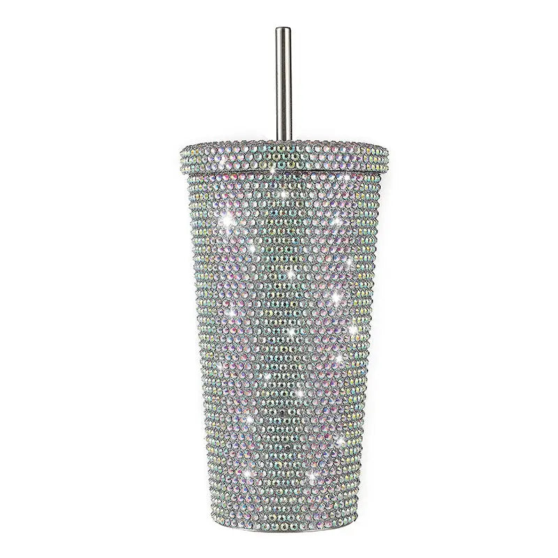 Diamond-Inlaid Insulated 304 Stainless Steel Cup with Straw - Double-Walled Rhinestone Coffee Mug Gift Cup
