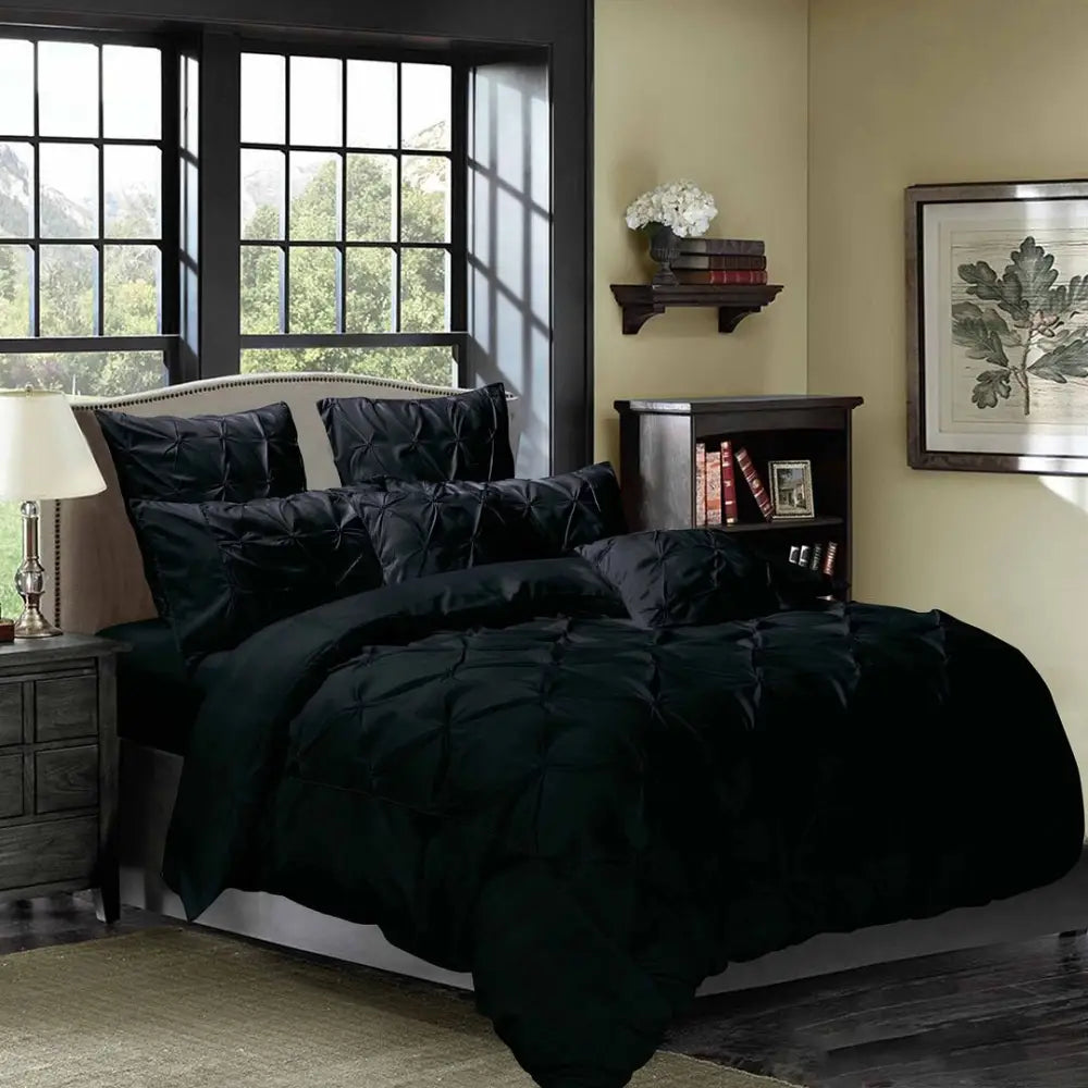 Diamond Pintuck Double Size Black Duvet Quilt Cover Set - Home & Garden > Bedding