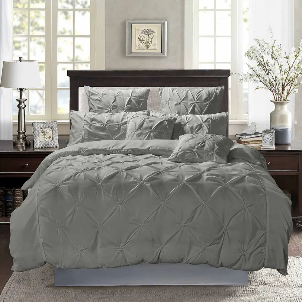 Diamond Pintuck Double Size Grey Duvet Quilt Cover Set - Home & Garden > Bedding