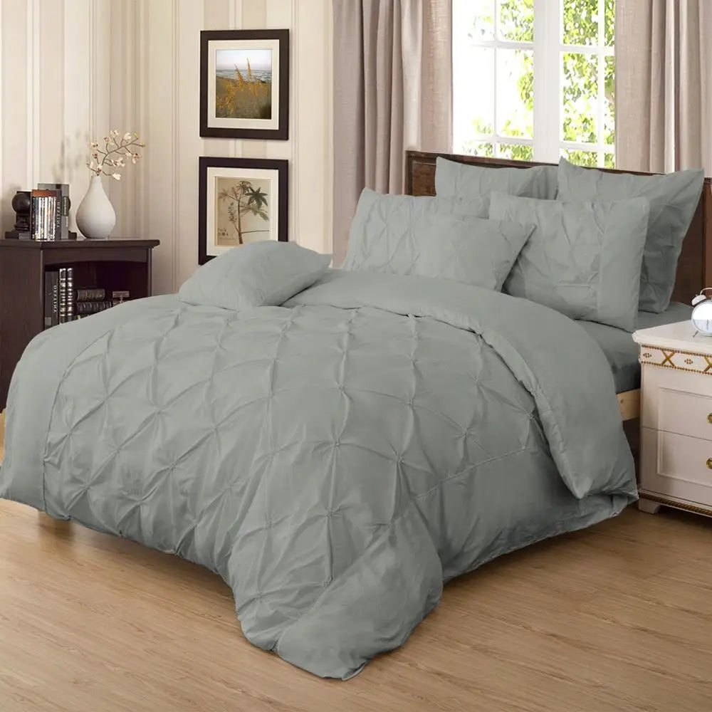 Diamond Pintuck Super King Size Grey Duvet Quilt Cover Set - Home & Garden > Bedding