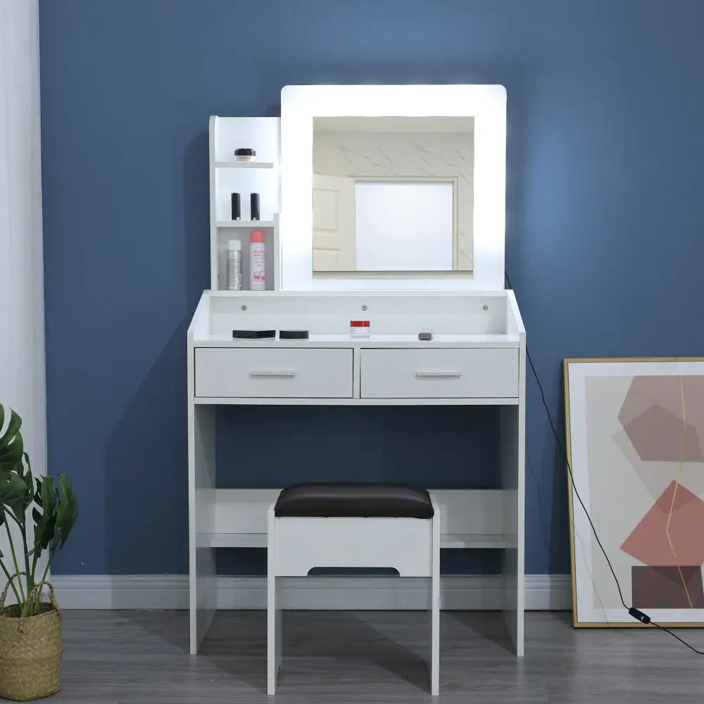 Diana Vanity Set with Shelves Cushioned Stool and Lighted Mirror- White - Furniture > Bedroom