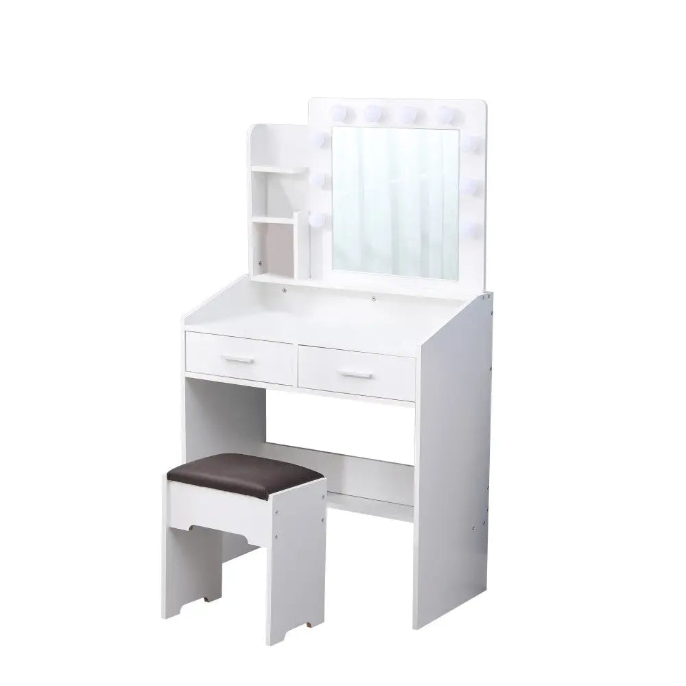 Diana Vanity Set with Shelves Cushioned Stool and Lighted Mirror- White - Furniture > Bedroom