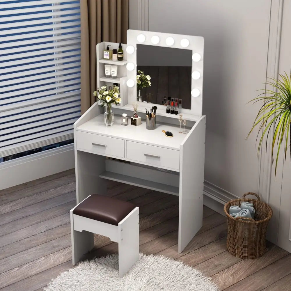 Diana Vanity Set with Shelves Cushioned Stool and Lighted Mirror- White - Furniture > Bedroom