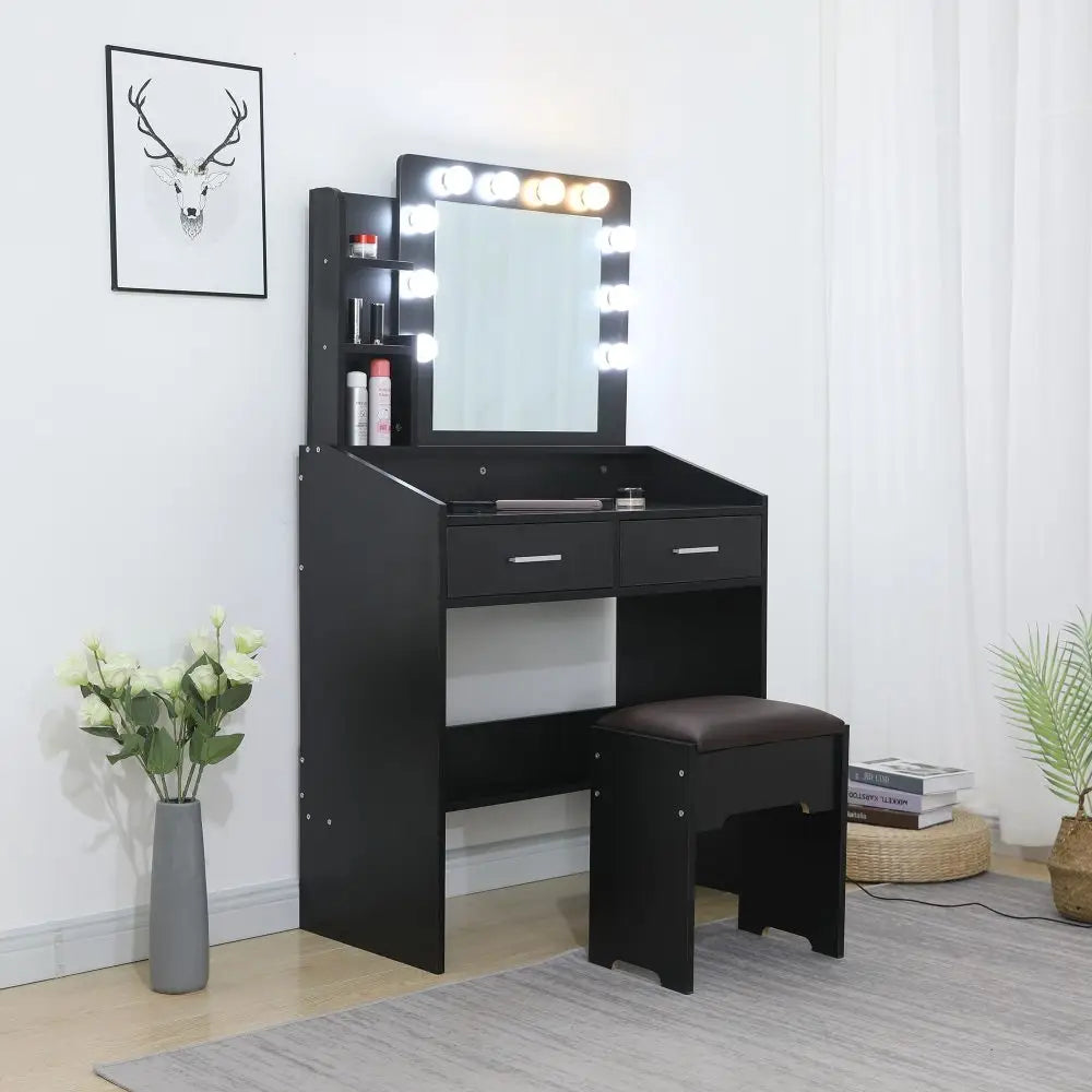Diana Vanity Set with Shelves Cushioned Stool and Lighted Mirror- Black - Furniture > Bedroom