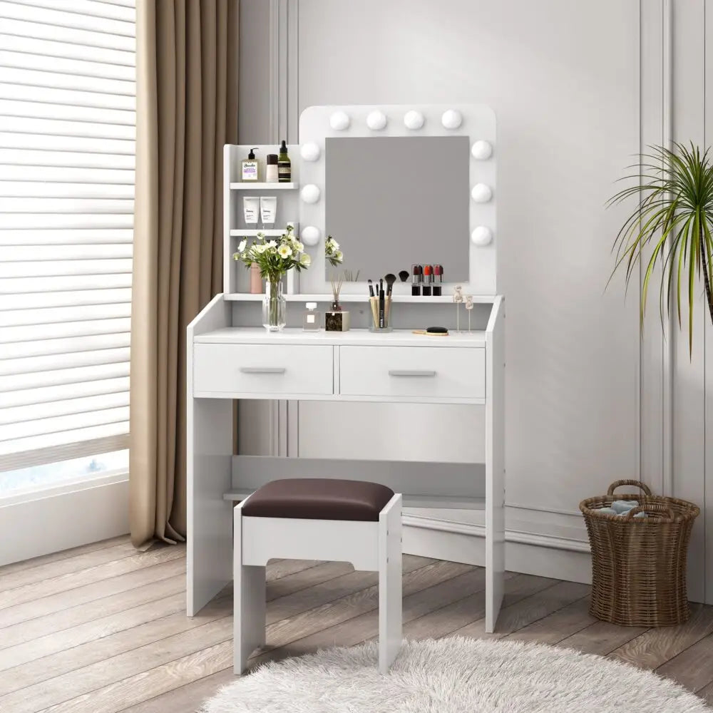 Diana Vanity Set with Shelves Cushioned Stool and Lighted Mirror- White - Furniture > Bedroom