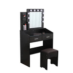 Diana Vanity Set with Shelves Cushioned Stool and Lighted Mirror- Black - Furniture > Bedroom
