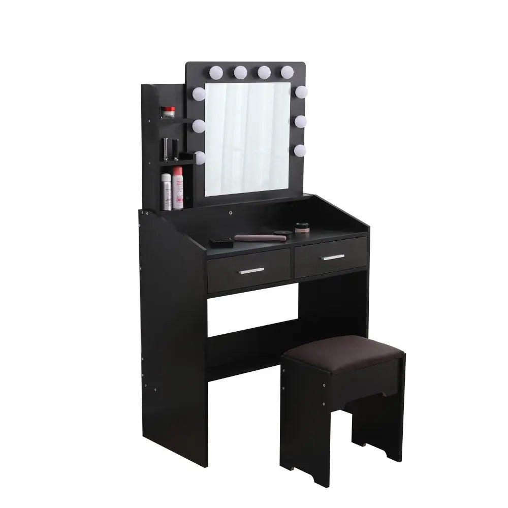 Diana Vanity Set with Shelves Cushioned Stool and Lighted Mirror- Black - Furniture > Bedroom