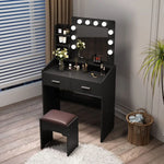 Diana Vanity Set with Shelves Cushioned Stool and Lighted Mirror- Black - Furniture > Bedroom