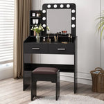 Diana Vanity Set with Shelves Cushioned Stool and Lighted Mirror- Black - Furniture > Bedroom