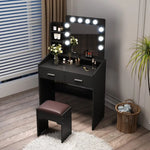 Diana Vanity Set with Shelves Cushioned Stool and Lighted Mirror- Black - Furniture > Bedroom