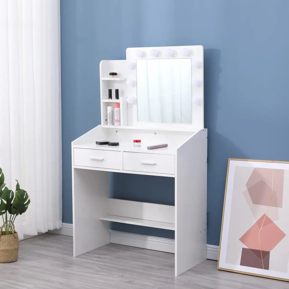 Diana Vanity Set with Shelves Cushioned Stool and Lighted Mirror- White - Furniture > Bedroom