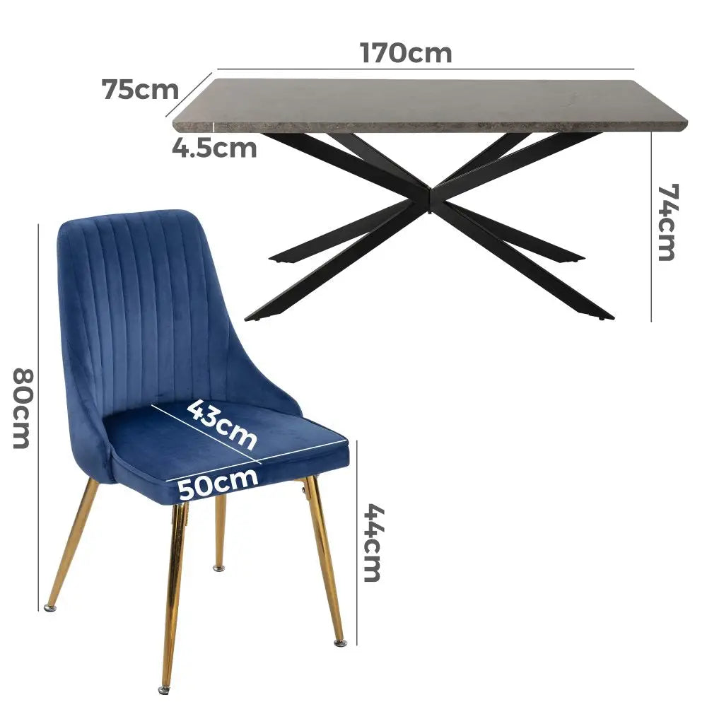 Dining Delight: Rectangular Table and Navy Velvet Chairs Dining Set - Furniture > Dining > Dining Set