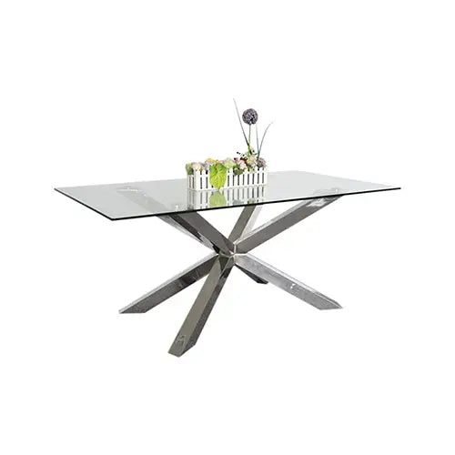 Dining Table in Crisscross Shaped High Glossy Stainless Steel Base with 12mm Tempered Glass Top - Furniture > Dining
