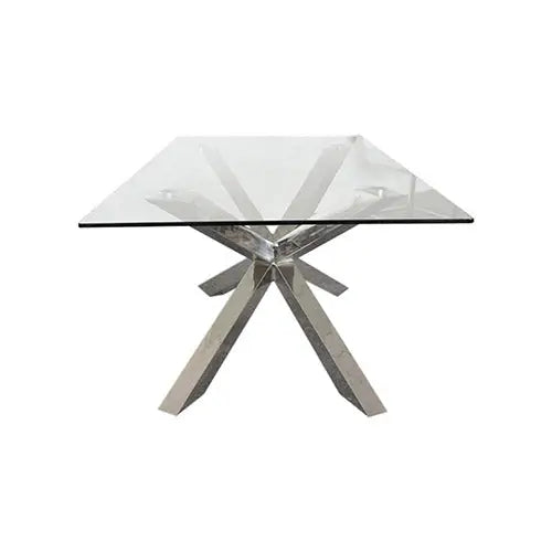 Dining Table in Crisscross Shaped High Glossy Stainless Steel Base with 12mm Tempered Glass Top - Furniture > Dining