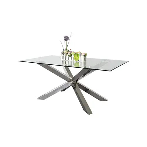 Dining Table in Crisscross Shaped High Glossy Stainless Steel Base with 12mm Tempered Glass Top - Furniture > Dining