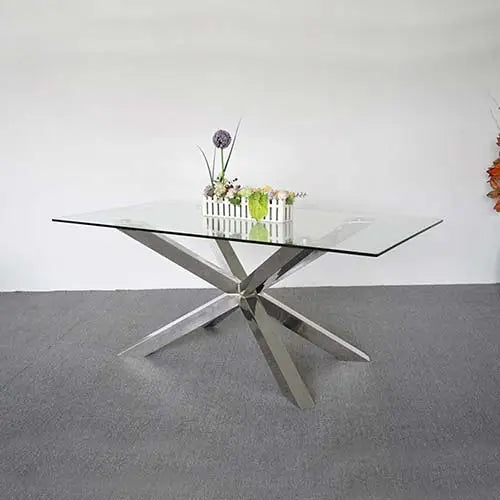 Dining Table in Crisscross Shaped High Glossy Stainless Steel Base with 12mm Tempered Glass Top - Furniture > Dining