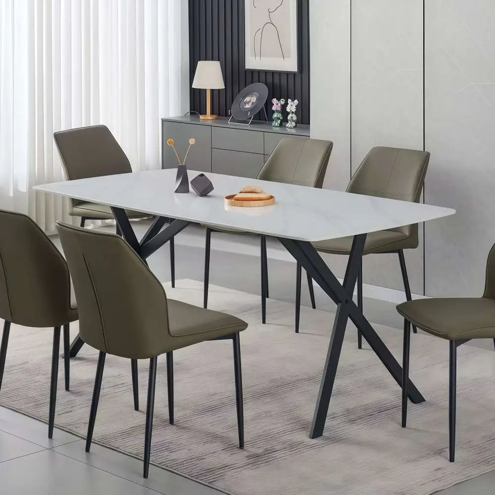 Dining Table Rectangular Shape White Sintered Stone Top Powder Coated Iron Legs - Furniture > Dining > Dining Tables