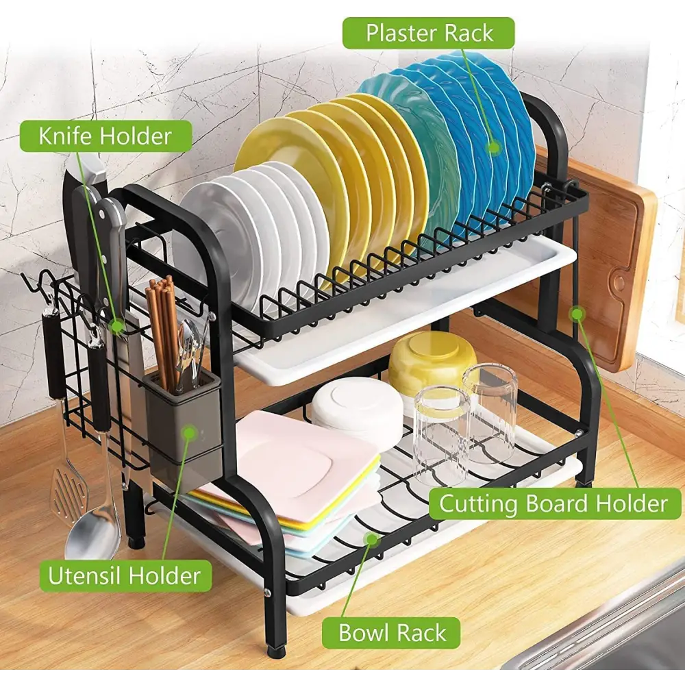 Dish Rack 2 Tier Dish Dryer Drainer Stainless Steel Dish Drying Rack Drip Trays Side Holder Kitchen Storage Save Space