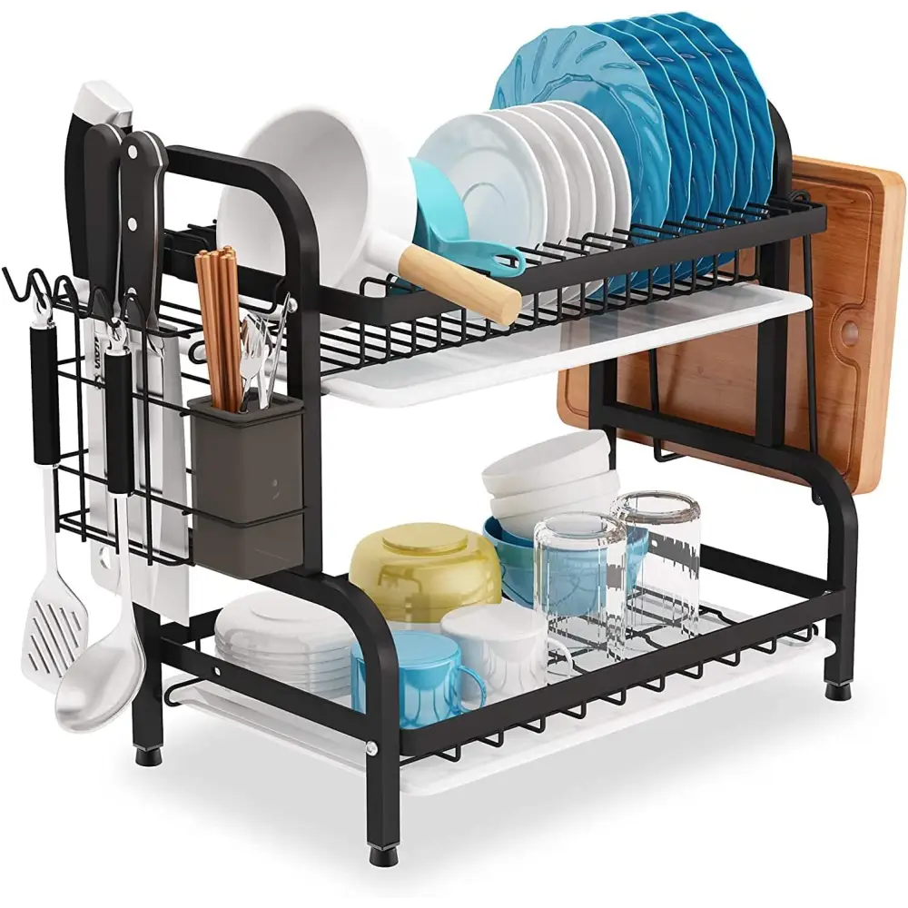 Dish Rack 2 Tier Dish Dryer Drainer Stainless Steel Dish Drying Rack Drip Trays Side Holder Kitchen Storage Save Space