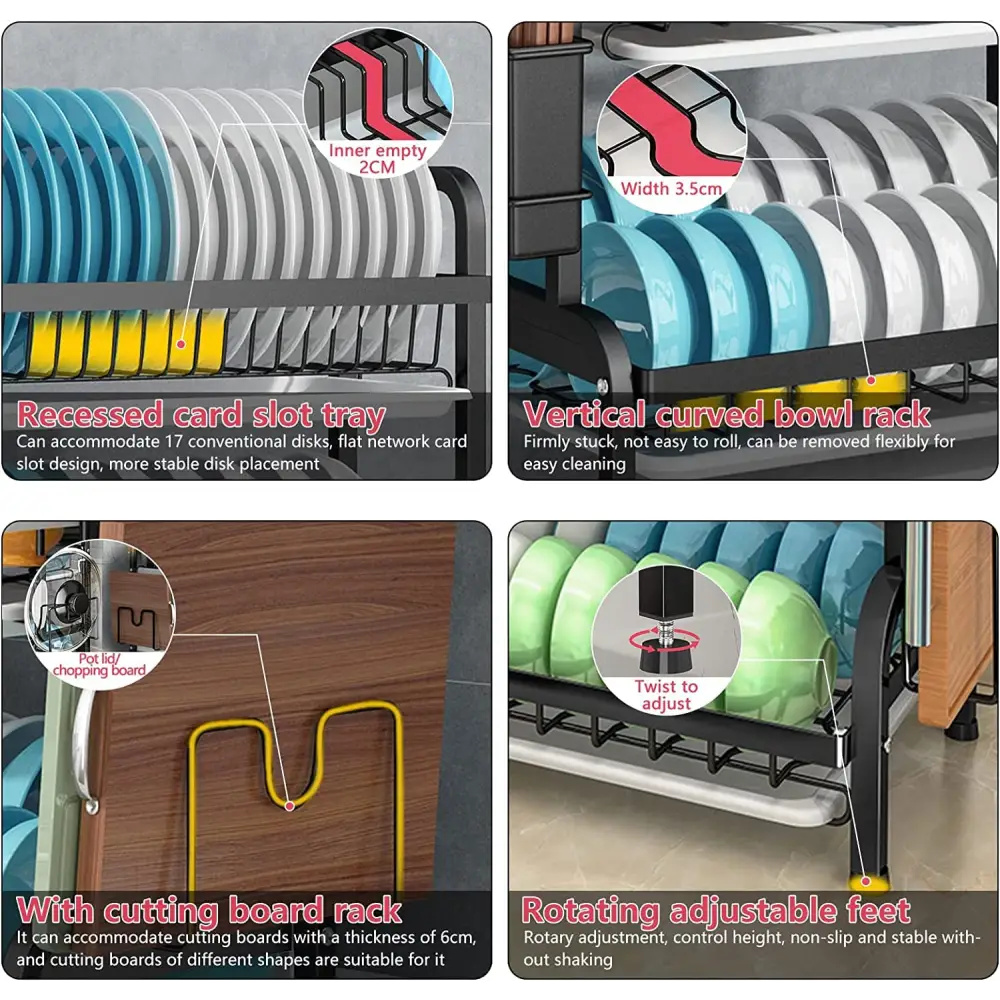 Dish Rack 3 Tier Dish Dryer Drainer Stainless Steel Dish Drying Rack Drip Trays Side Holder Kitchen Storage Save Space