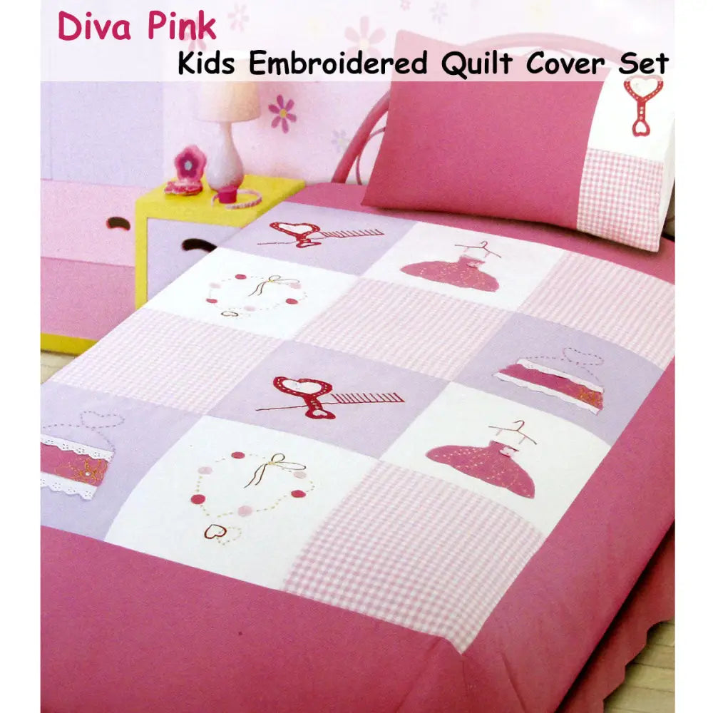 Diva Girls Accessories Embroidered Quilt Cover Set Single - Home & Garden > Bedding
