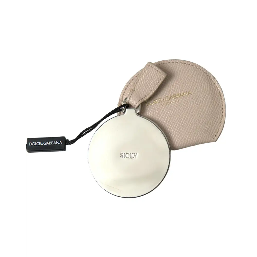 Dolce & Gabbana Women’s Beige Calfskin Leather Round Logo Hand Mirror Holder - One Size - Fashion > Women’s Fashion