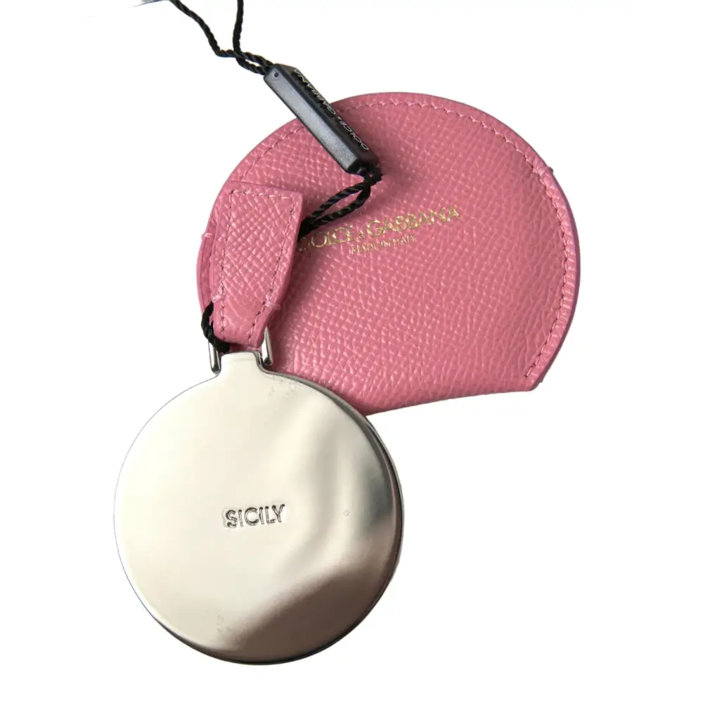 Dolce & Gabbana Women’s Pink Calfskin Leather Round Logo Print Hand Mirror Holder - One Size - Fashion > Women’s