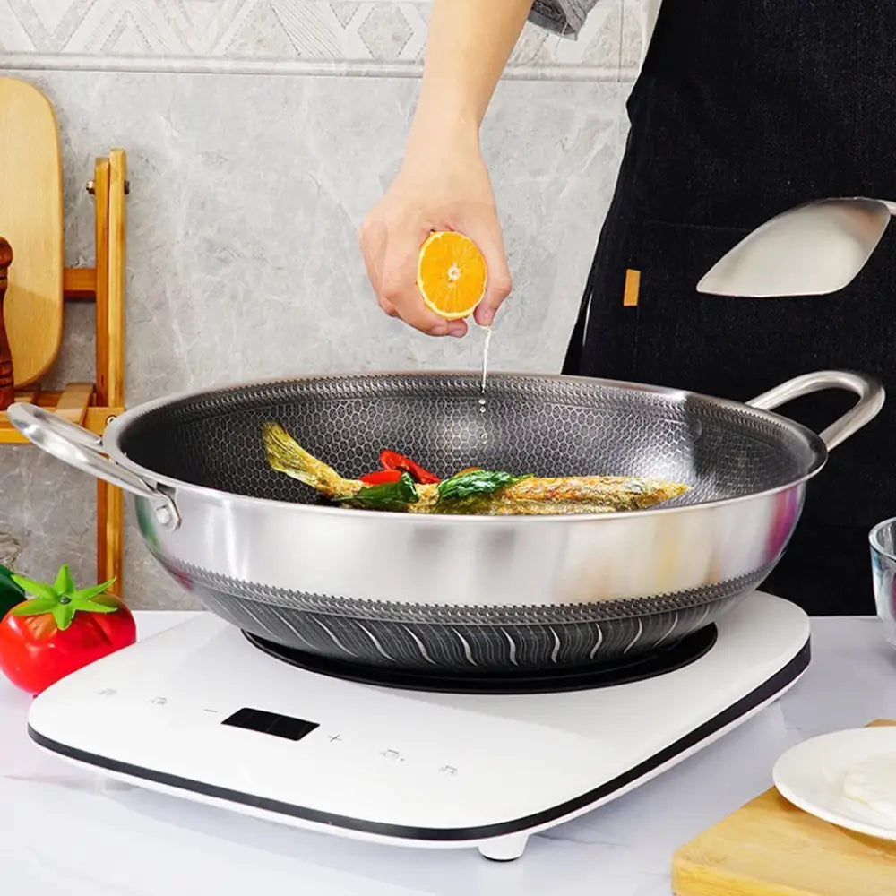 Double Ear 304 Stainless Steel 38cm Non-Stick Stir Fry Cooking Kitchen Wok Pan with Lid Honeycomb Double Sided - Home &