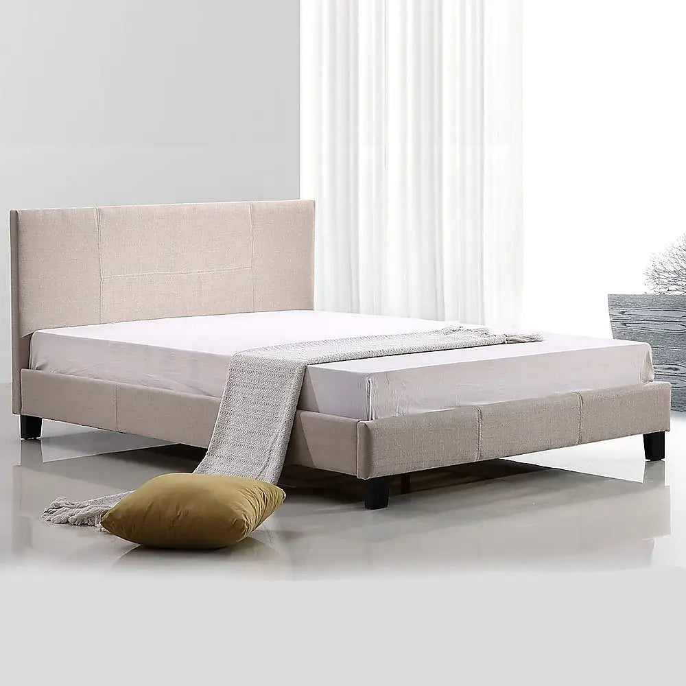 Double Linen Fabric Bed Frame Beige - Furniture > Bedroom > Beds & Bed Frames