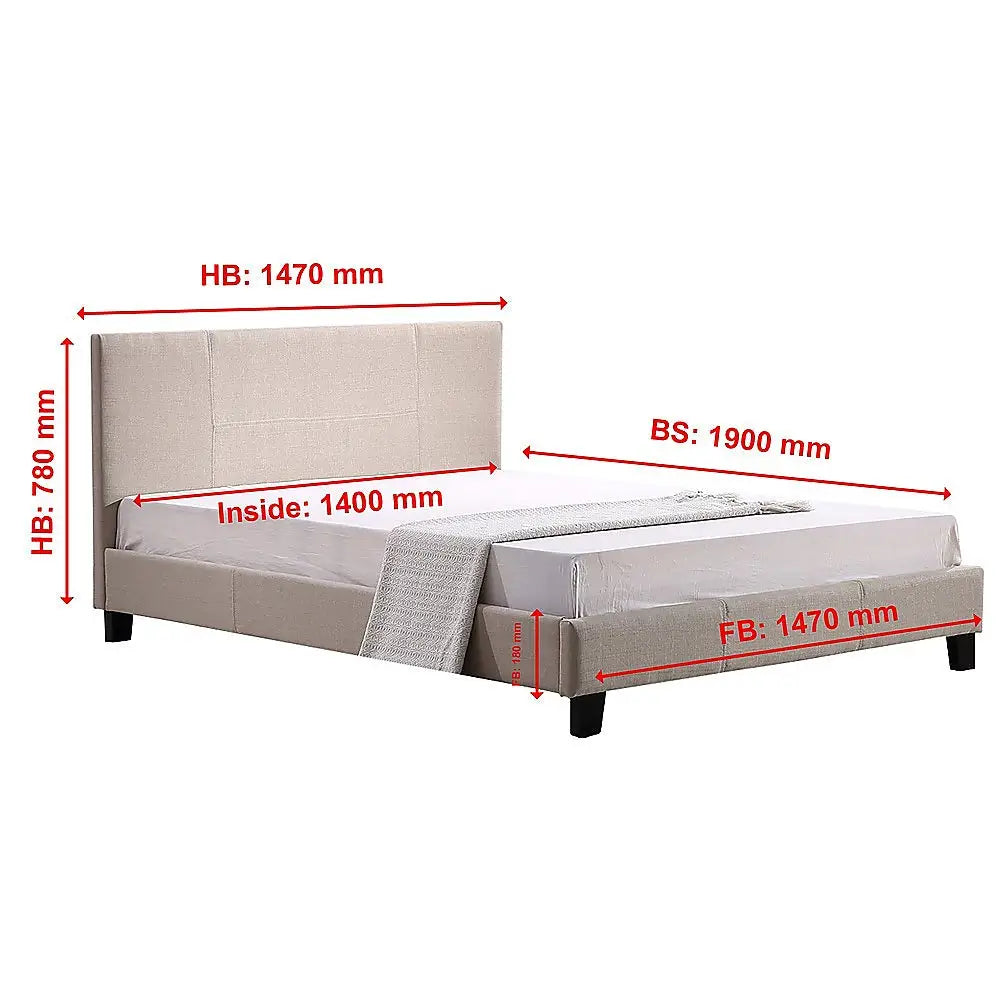 Double Linen Fabric Bed Frame Beige - Furniture > Bedroom > Beds & Bed Frames