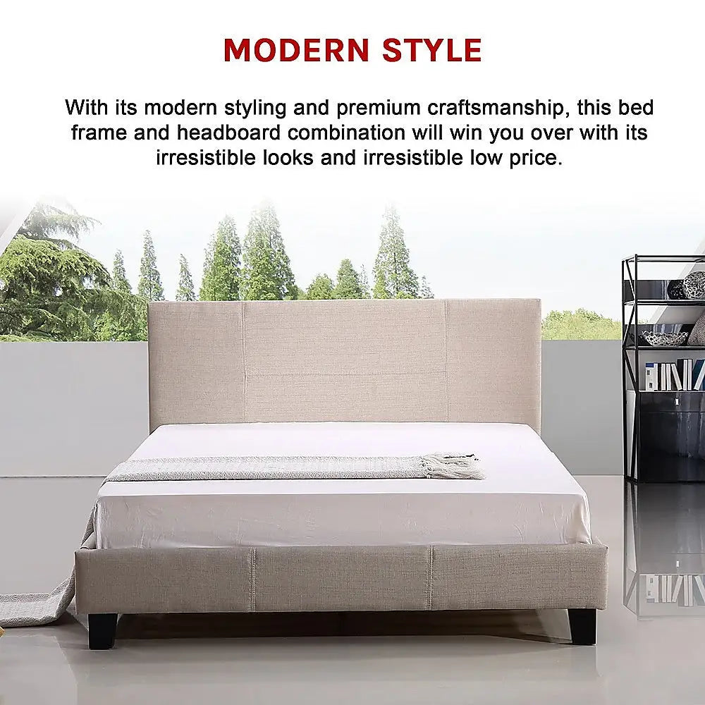 Double Linen Fabric Bed Frame Beige - Furniture > Bedroom > Beds & Bed Frames