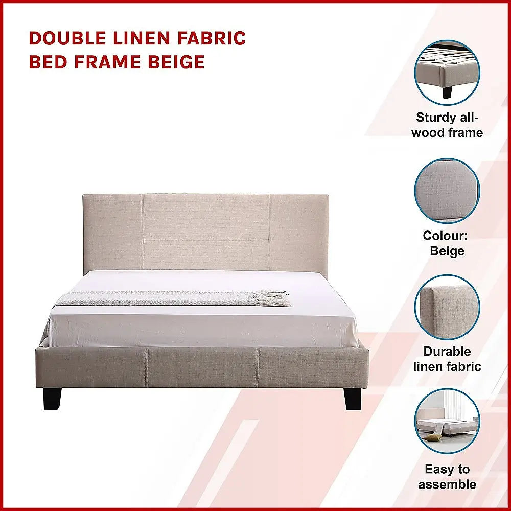 Double Linen Fabric Bed Frame Beige - Furniture > Bedroom > Beds & Bed Frames