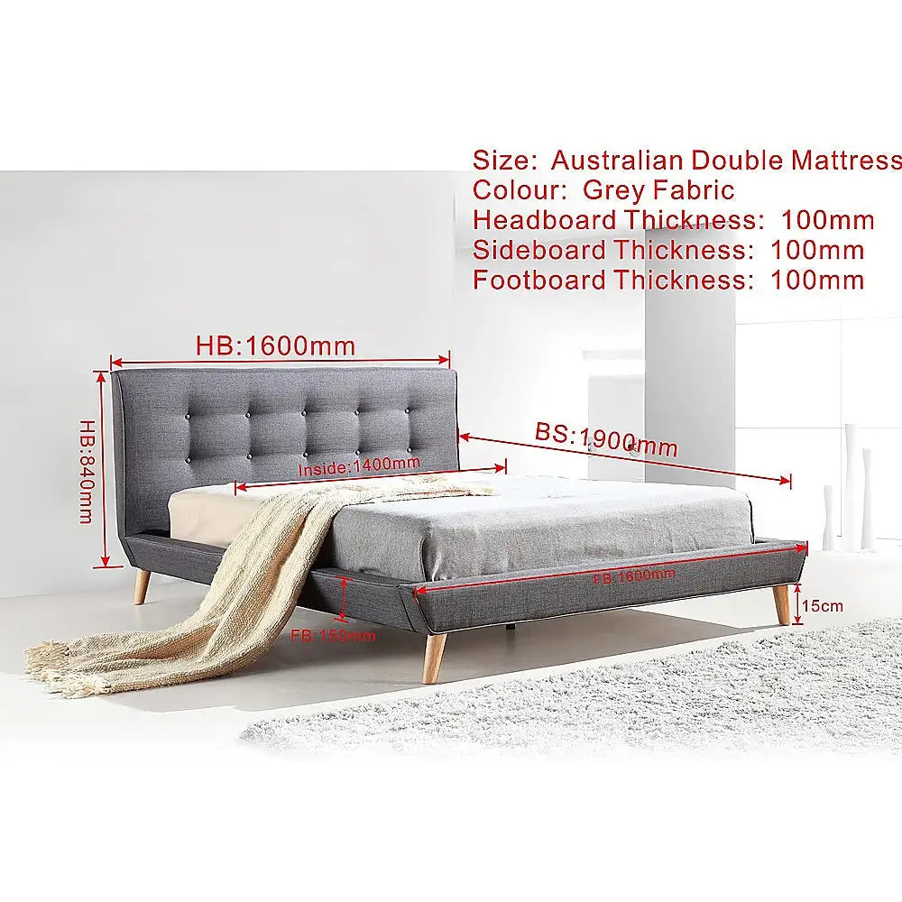 Double Linen Fabric Deluxe Bed Frame Grey - Furniture > Bedroom