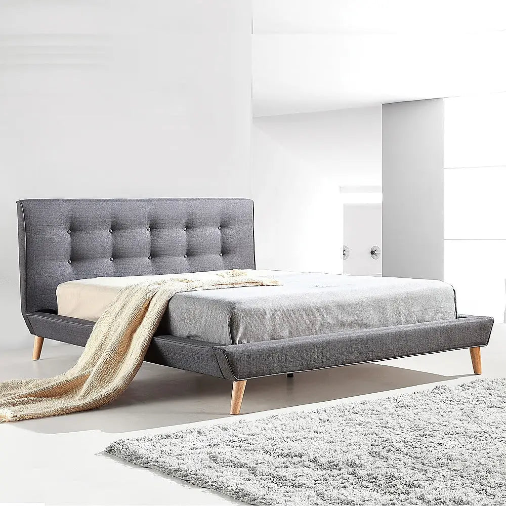 Double Linen Fabric Deluxe Bed Frame Grey - Furniture > Bedroom