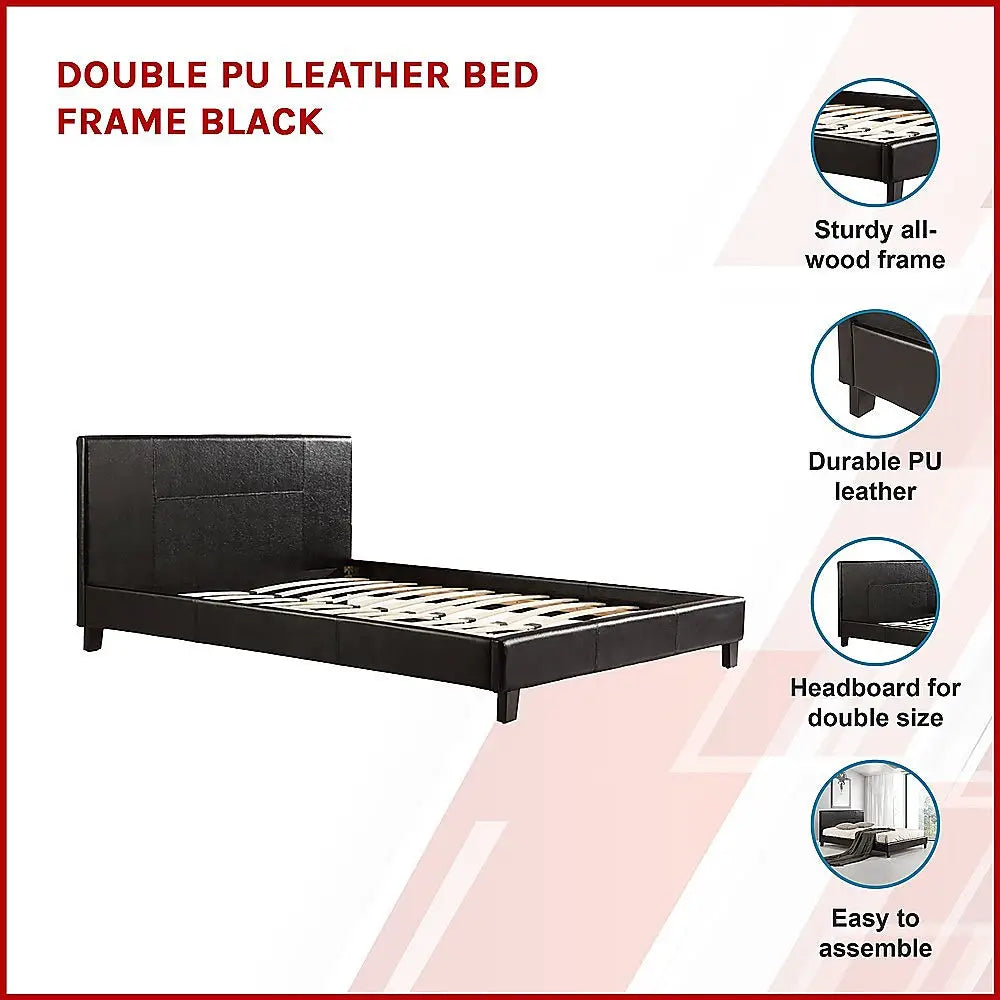 Double PU Leather Bed Frame Black - Furniture > Bedroom